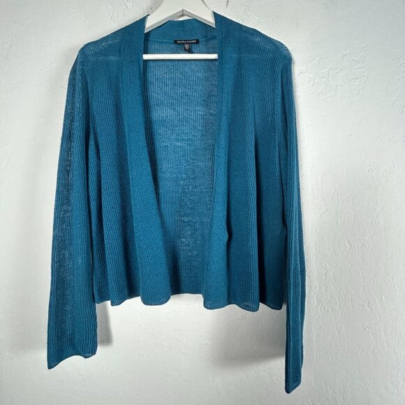 Eileen Fisher Open Front Cardigan Blue Medium Organic Linen Cotton Lightweight - Picture 1 of 7